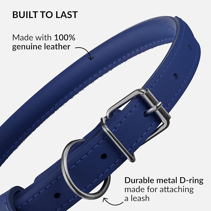 CollarDirect Rolled Leather Dog Collar, Soft Padded Round Puppy Collar, Handmade Genuine Leather Collar Dog Small Large Cat Collars 13 Colors (18-22 Inch, Deep Blue Smooth)