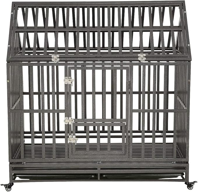 KELIXU 48" Heavy Duty Dog Crate Large Dog cage Dog Kennels and Crates for Large Dogs Indoor Outdoor with Double Doors, Locks and Lockable Wheels, Black