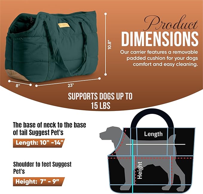RuffLife Cozy Plush Pet Carrier Purse - Secure Harness Clip, Lightweight Tote Design for Small Dogs and Puppies (Green)