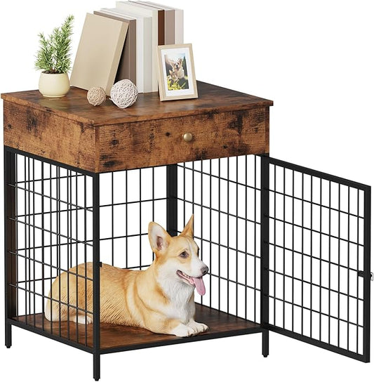 Rustic Brown Decorative Dog Kennel with Drawer - Indoor Pet Crate End Table for Small Dog, Steel-Tube Dog Cage, Chew-Proof