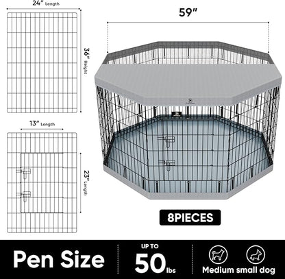 PJYuCien Puppy Playpen，8 Panels 36”H Dog Playpen with Gery Bottom Pad and Grey Top Cover，Metal Foldable Dog Exercise Pen for Indoor，Better for Small Pets,Grey