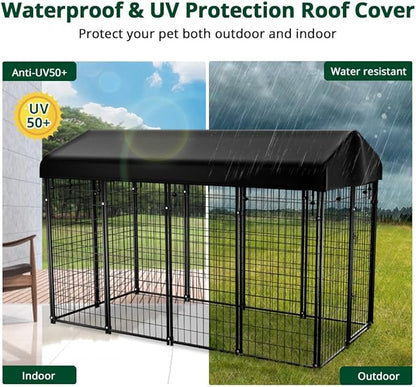 Dog Kennel Outside with Roof, 8'x6'x4' Outdoor Dog Kennels for Large Dogs, Heavty Duty Welded Dog Crate Playpen with UV-Resistant Waterproof Cover