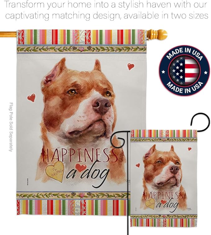 Breeze Decor Fawn Pitbull Happiness House Flag Dowel Set Dog Puppy Spoiled Paw Canine Fur Pet Nature Farm Animal Creature Decoration Banner Small Garden Yard Gift Double-Sided, Made in USA