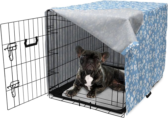 Ambesonne Paw Print Dog Crate Cover, Animal Themed Pattern with Pet Foot Marks on Blue Toned Background Print, Easy to Use Pet Kennel Cover for Cats & Medium Dogs, 24 Inch, Sky Blue
