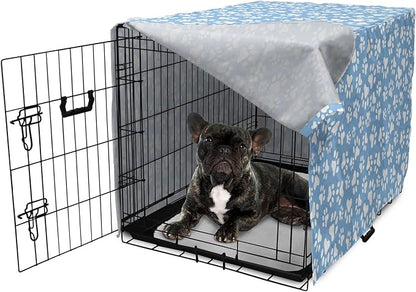 Ambesonne Paw Print Dog Crate Cover, Animal Themed Pattern with Pet Foot Marks on Blue Toned Background Print, Easy to Use Pet Kennel Cover for Cats & Medium Dogs, 24 Inch, Sky Blue