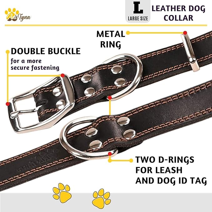 ADITYNA Heavy Duty Leather Dog Collar for Large Dogs - Soft and Strong Leather Dog Collar for Walking and Training (Large: Fit 17" - 23" Neck, Black)