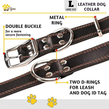 ADITYNA Heavy Duty Leather Dog Collar for Large Dogs - Soft and Strong Leather Dog Collar for Walking and Training (Large: Fit 17" - 23" Neck, Black)