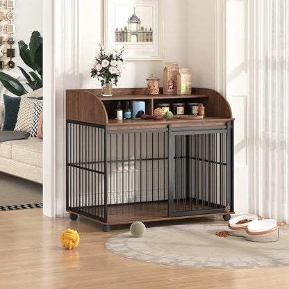Merax 44" Heavy Duty Large Medium Dog Crate, Wooden Metal Kennel Pet Cage with Lockable Wheels & End Table Double Layer Storage Indoor Furniture, Brown
