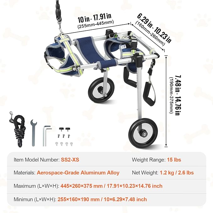 VEVOR 2 Wheels Dog Wheelchair for Back Legs, Pet Wheelchair Lightweight & Adjustable Assisting in Healing, Dog Cart/Wheelchair for Injured, Disabled, Paralysis, Hind Limb Weak Pet (X-Small)
