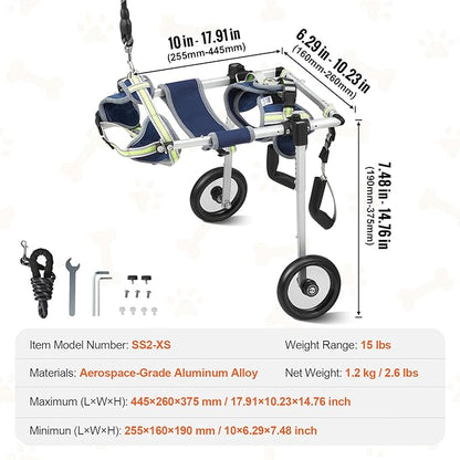 VEVOR 2 Wheels Dog Wheelchair for Back Legs, Pet Wheelchair Lightweight & Adjustable Assisting in Healing, Dog Cart/Wheelchair for Injured, Disabled, Paralysis, Hind Limb Weak Pet (X-Small)