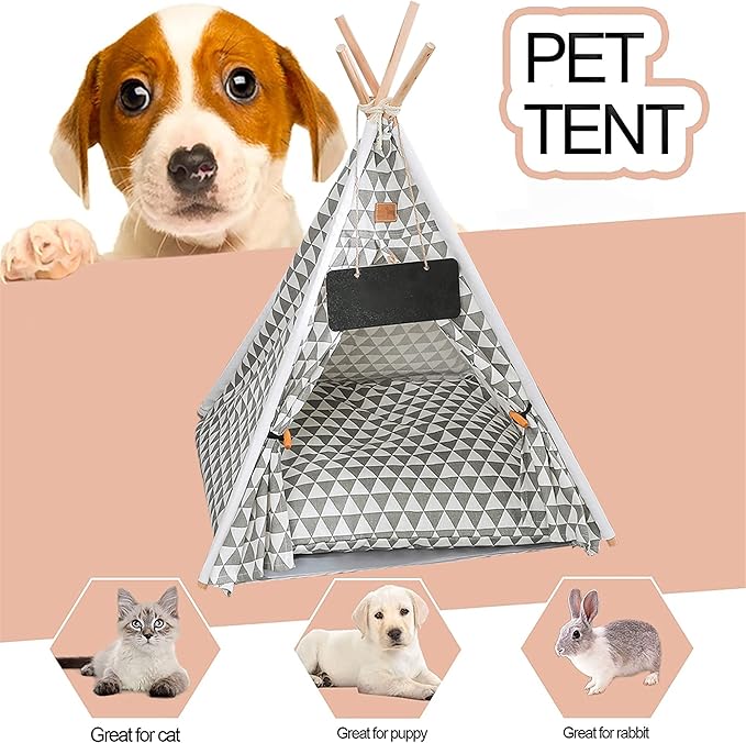 Pet Teepee, Portable Pet Tents for Small Dogs or Cats, Puppy Sweet Bed Washable Dog or Cat Houses with Cushion(Grey2,24)