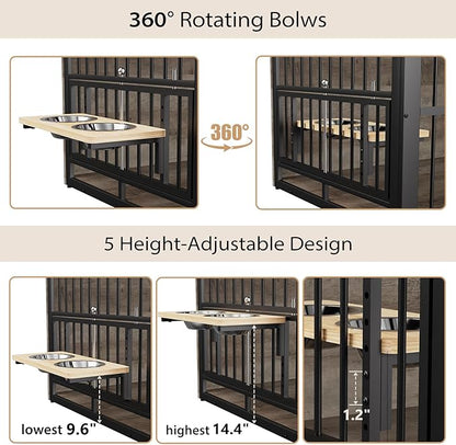 Rovibek 48 Inch Large Dog Crate with 2 Height Adjustable Dog Bowls 360° Rotatable, Extra Large Dog Kennel Indoor as End Table, Dog Cage Furniture for Large Dogs, Heavy Duty, Grey