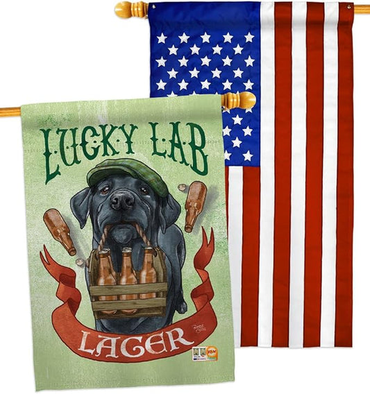 Breeze Decor Lucky Lab Lager House Flag Pack Dog Puppy Spoiled Paw Canine Fur Pet Nature Farm Animal Creature Applique Decoration Banner Small Garden Yard Gift Double-Sided, Made in USA