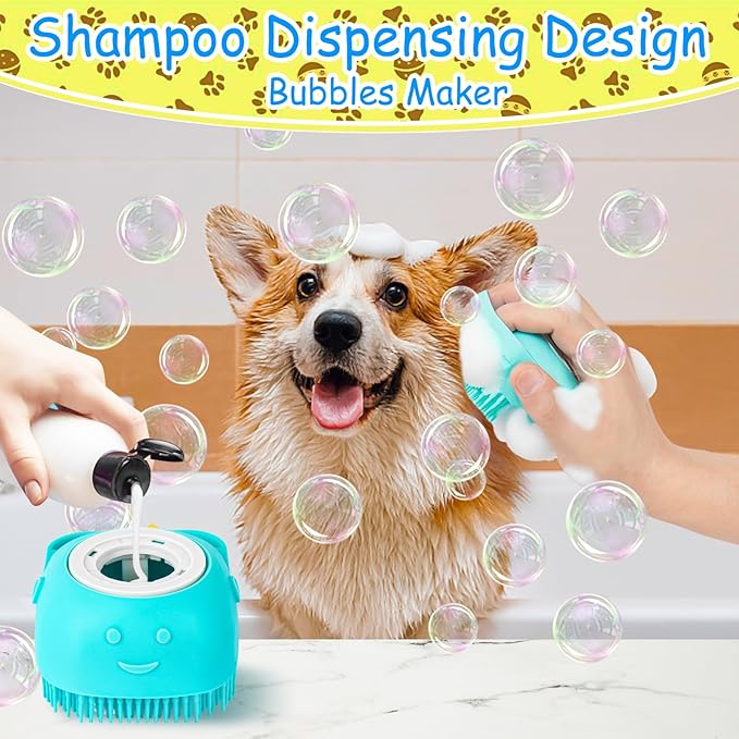 Ponpon 3PCS Dog Bath Brush with 4Pcs Dog Toothbrush, Dog Scrubber for Bath, Dog Shampoo brush with Adjustable Ring Handle, Dog Shower Brush for Long Short Hair