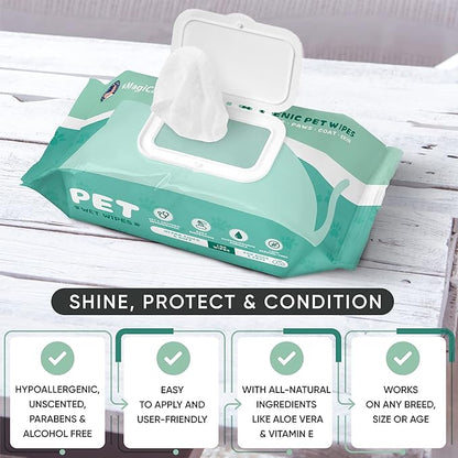 MAGICARE Dog Wipes for Paws, Butt, Ears & Eyes – 100 Extra Wet & Thick Unscented Grooming Pet Wipes for Dogs & Cats – Deodorizing, Hypoallergenic – Made in USA