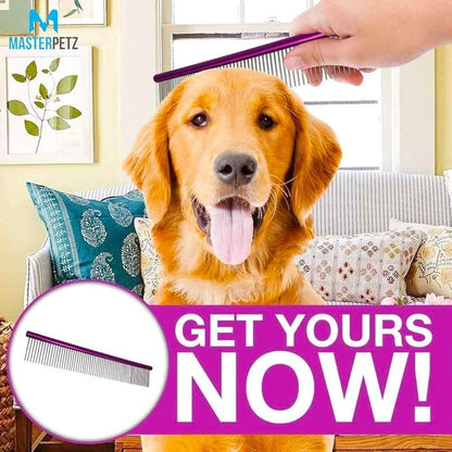 Pet Comb 10 inches Comfortable Grooming Comb with Different-Spaced Rounded Stainless Steel Teeth, Easy Grip and Convenient Grooming for Pets Dog Cat with Medium Coarse Fur - Purple