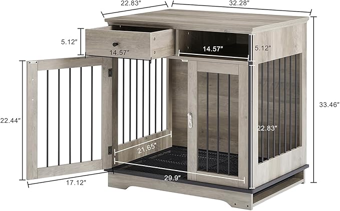 32Inch Dog Crate Wooden Lockable Dog Kennel with Removable Tray and Storage Drawer Indoor Dog Crate Furniture End Table Pet Cage 32.3'' W x 22.8'' D x 33.5'' H Grey
