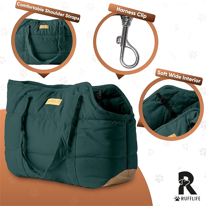 RuffLife Cozy Plush Pet Carrier Purse - Secure Harness Clip, Lightweight Tote Design for Small Dogs and Puppies (Green)