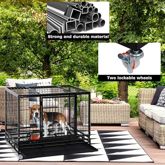 FDW Dog Crate Dog Cage Dog Kennel for Large Dogs Heavy Duty 48 Inches Pet Playpen for Training Indoor Outdoor with Plastic Tray Double Doors & Locks Design