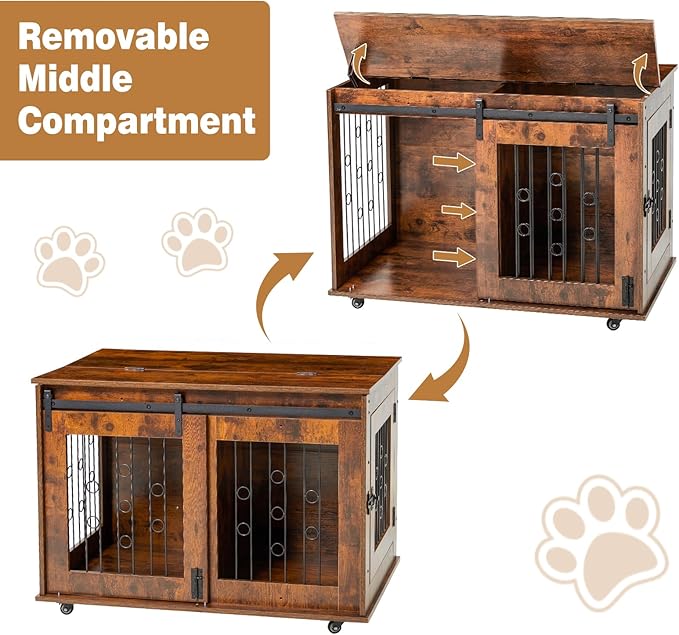 2 Rooms Dog Crate Furniture with Movable Divider,39" Wooden Dog Crate Table,Wooden Dog Kennel Pet House Cage,Flip Top 39.37”Wx25.2”Dx28.94”H