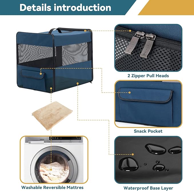 PETSFIT Portable Dog Crate, Dog Travel Crate - 31 Inch with Thicken Mat, Easy to Fold, Sturdy and Portable, Perfect for Traveling, Foldable Dog Crate Navy Blue