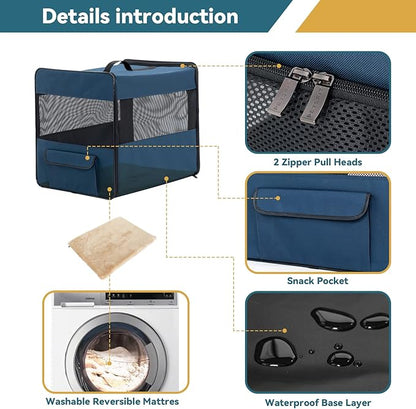 PETSFIT Portable Dog Crate, Dog Travel Crate - 31 Inch with Thicken Mat, Easy to Fold, Sturdy and Portable, Perfect for Traveling, Foldable Dog Crate Navy Blue