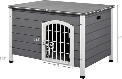 PawHut 31" L Wooden Decorative Dog Cage Kennel Wire Door with Lock Small Animal House with Openable Top Removable Bottom Grey