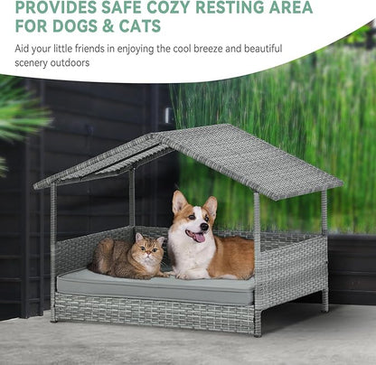 32" Wicker Dog House with Canopy, Indoor/Outdoor Elevated Rattan Dog Bed with Water-Resistant Soft Cushion, Large Outside Raised Dog Shelter with Roof for Small, Medium, and Large Dogs, Gray