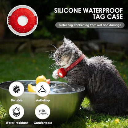 Cat Tracker, Waterproof Pet Tracker for Cats, Cat Tracker Collar with Safety Elastic Buckle, Works with Any Collar,GPS Tracker Compatible with Apple Find My App (Only iOS), No Monthly Fee, Red-40318