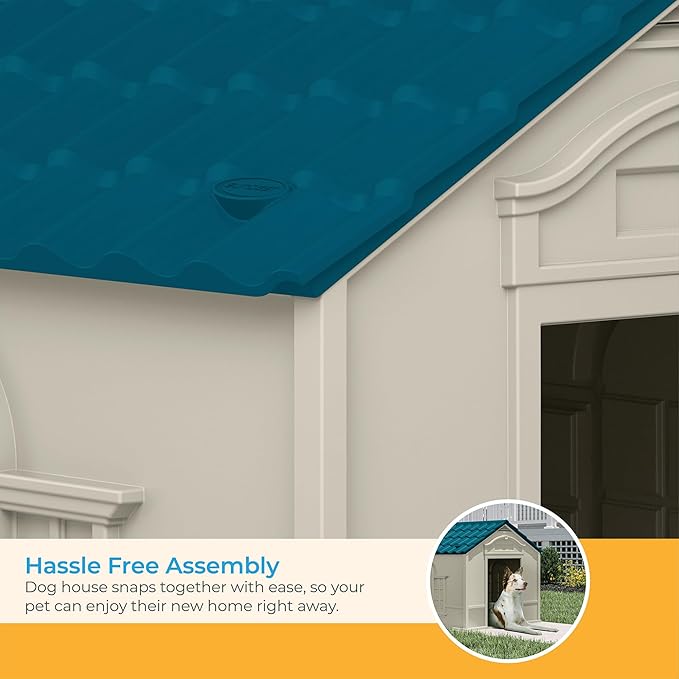 Suncast Deluxe Dog House for Dogs up to 100 Pounds with Removable Roof, Vents, Crowned Channeled Floor, and Personalization Labels, Taupe/Blue