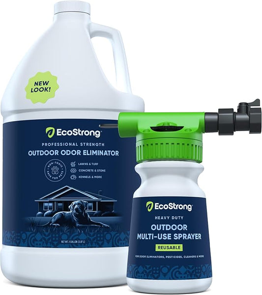 Eco Strong Outdoor Odor Eliminator | Outside Dog Urine Enzyme Cleaner – Powerful Pet, Cat, Animal Scent Deodorizer | Professional Strength for Yard, Turf, Kennels, Patios, Decks (Gallon with Sprayer)