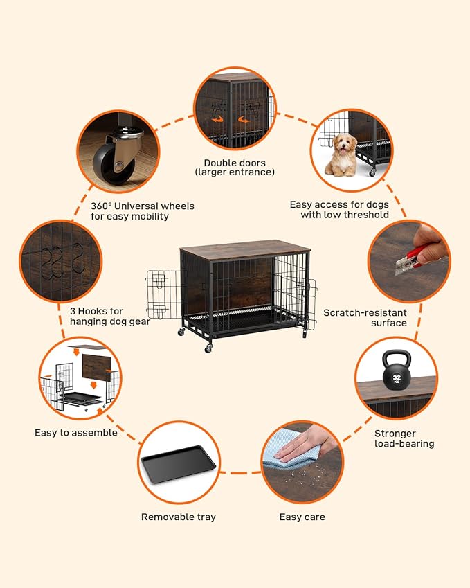 GAOMON 2024 New Elegant 38.6" Dual-Entry Large Dog Kennel & Stylish Furniture Piece: Easy-Clean, Chew-Proof, with Mobile Locking Wheels, Perfect Fusion of Pet Comfort & Home Decor - Rustic Brown