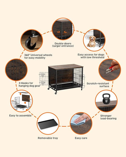 GAOMON 2024 New Elegant 38.6" Dual-Entry Large Dog Kennel & Stylish Furniture Piece: Easy-Clean, Chew-Proof, with Mobile Locking Wheels, Perfect Fusion of Pet Comfort & Home Decor - Rustic Brown