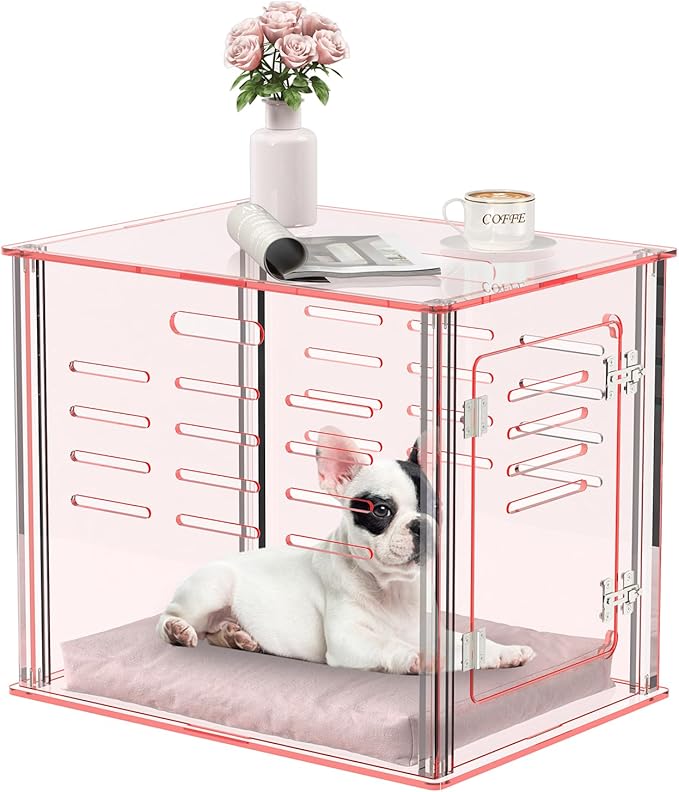 Sumerflos Acrylic Dog Crate Furniture - Clear Pink Dog Kennel End Table for Small Dog Cat Pet, Indoor Lockable End Table Dog Crate Ventilated See-Through, 23.6" L x 17.7" W x 20.0" H