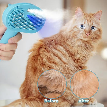 Pet Steam Hair Comb Brush for Shedding, 4 In 1 Spray Brush for Long & Short Haired Cat&Dog, Self-Cleaning Hair Remover with Water Tank And LED Blue Light, Release Button(Blue)