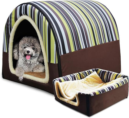 Dog Bed or Cat Bed,2 Ways to Use,Indoor Pet House with Fluffy Mat,Removable and Washable Cover,Splash-Proof House and Non-Slip Bottom,for Cats and Small Dogs(M Vertical Stripes)