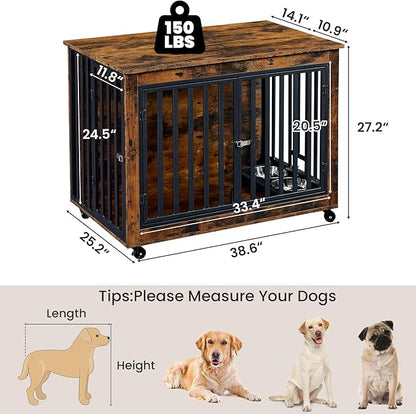Rovibek Dog Crate Furniture for Large Dogs, 38.58 Inch, Large Dog Kennel Indoor with 2 Removable Dog Bowls, Flip-Up Top Opening and Wheels, Medium Dog Crate, Brown