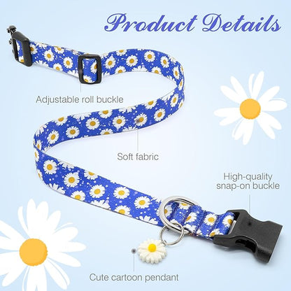 BiPawTi Floral Dog Collars for Large Dog - Soft Cute Dog Collars for Girls Dog Pretty Flower Collar with Daisies Charms, Gift for Female Male Boys Girls Dogs (L, Blue)
