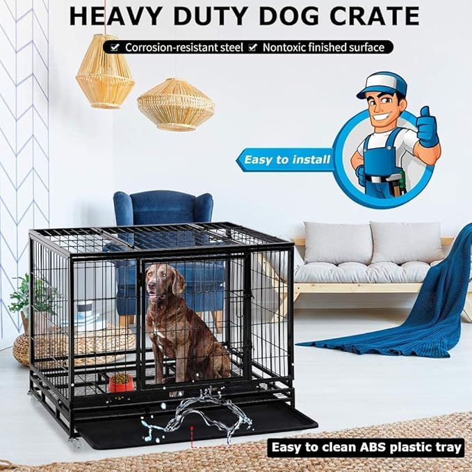FDW Dog Crate Dog Cage Dog Kennel for Large Dogs Heavy Duty 48 Inches Pet Playpen for Training Indoor Outdoor with Plastic Tray Double Doors & Locks Design