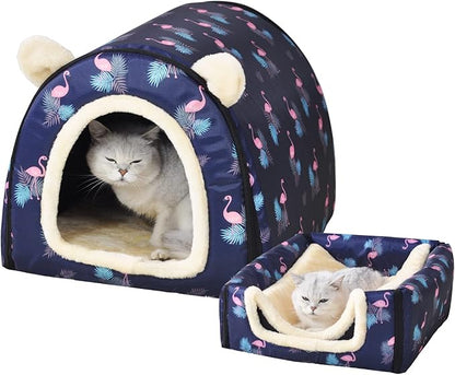 Cat Bed or Dog Bed,2 Ways to Use,Indoor Pet House with Fluffy Mat,Removable and Washable Cover,Splash-Proof House and Non-Slip Bottom,for Cats and Small Dogs(S Flamingo)