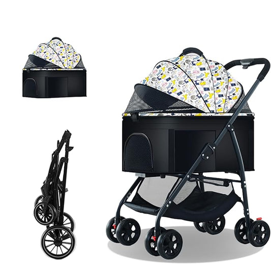 Pet Stroller 3 in 1 Folding Lightweight Dog Stroller with Detachable Carrier & Storage Basket, Premium 4 Wheels Travel Stroller for Small/Medium Pet (White)