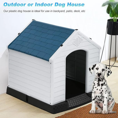 FDW Dog House Indoor Outdoor Durable Ventilate Waterproof Pet Plastic Dog House for Small Medium Large Dogs Insulated Puppy Shelter Kennel Crate with Air Vents and Elevated Floor