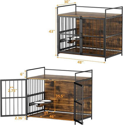 ROOMTEC Dog Crate Furniture-Style Cages for Large Dogs Indoor Heavy Duty Super Sturdy Dog Kennels with 2 Stainless Steel Bowls (48Inch = Int.dims: 46" W x 29" D x 35.5" H)