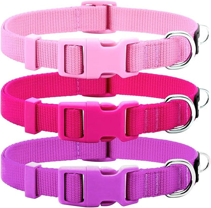 azuza 3 Pack Dog Collars Comfortable and Adjustable Nylon Dog Collars for Puppy Small Dogs, XS (8-12inch)，Pink, Hot Pink and Purple