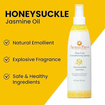 Dog Coat Conditioning Spray - Pet-Friendly Detangler Spray with Natural Essential Oils for Dogs - Daily Dog Spray to Eliminate Odors and Knots - Honeysuckle Jasmine 4.5 oz.