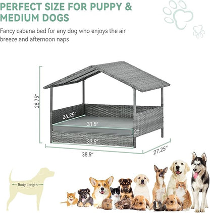 32" Wicker Dog House with Canopy, Indoor/Outdoor Elevated Rattan Dog Bed with Water-Resistant Soft Cushion, Large Outside Raised Dog Shelter with Roof for Small, Medium, and Large Dogs, Gray