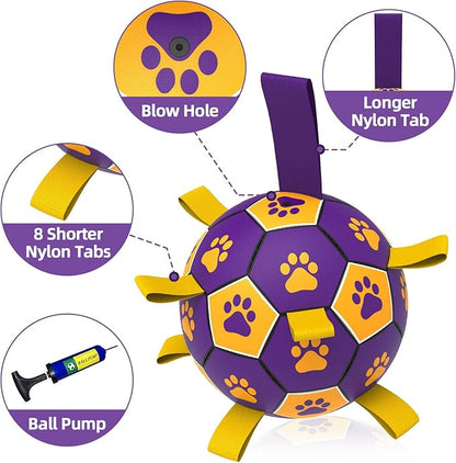 QDAN Dog Ropes Toys Soccer Ball with Straps, Interactive Dog Toys for Tug of War, Puppy Birthday Gifts, Dog Tug Toy, Dog Water Toy, Durable Dog Balls for Medium & Large Dogs（8 Inch）