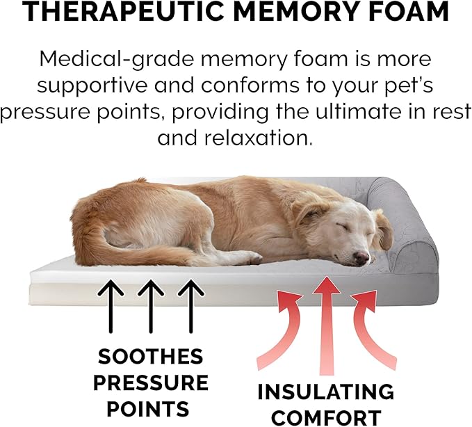 Furhaven Memory Foam Dog Bed for Large/Medium Dogs w/ Removable Bolsters & Washable Cover, For Dogs Up to 55 lbs - Pinsonic Quilted Paw L Shaped Chaise - Titanium, Large