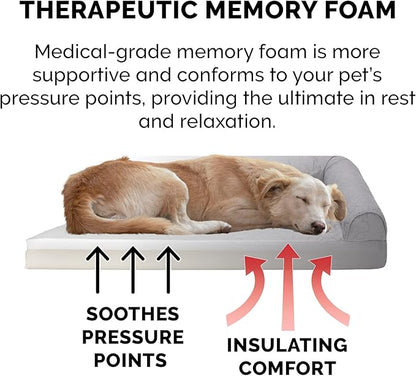 Furhaven Memory Foam Dog Bed for Large/Medium Dogs w/ Removable Bolsters & Washable Cover, For Dogs Up to 55 lbs - Pinsonic Quilted Paw L Shaped Chaise - Titanium, Large