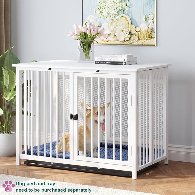 Heavy Duty Dog Crate Furniture, Fully Assembled exc. Locks, All Metal Frame & Wooden Tabletop, Modern Kennel for Small/Medium Dog, End Table, Sturdy, Foldable, White